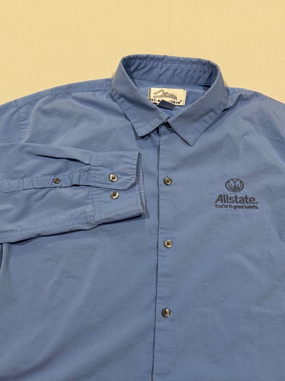 Tri-Mountain Allstate Long Sleeve Button Up Shirt Men’s Large Blue Stretch Logo